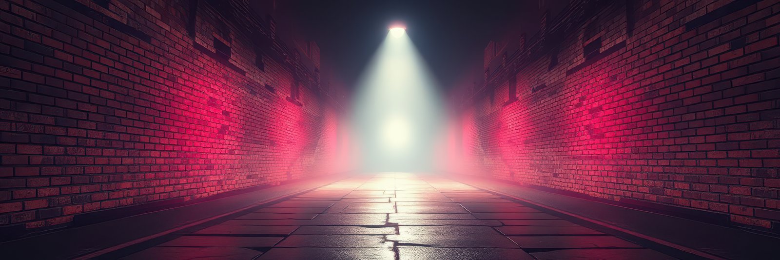 Mysterious alley illuminated by vibrant lights and fog during late night hours